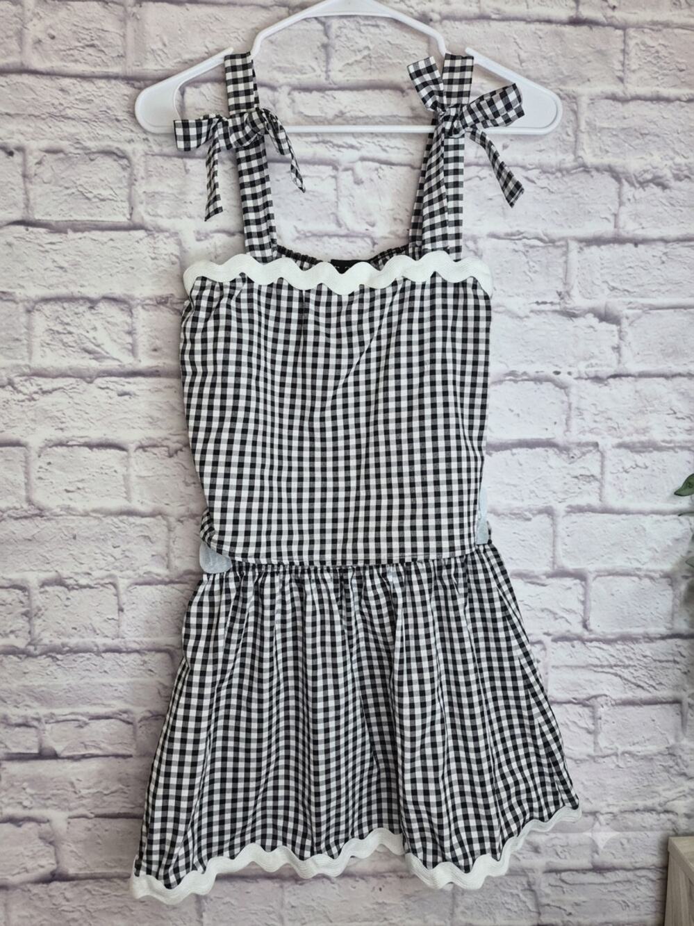 ​21 Saints Black White Gingham 2 Piece Set Ric Rac Scallop Crop Top Skirt Size M